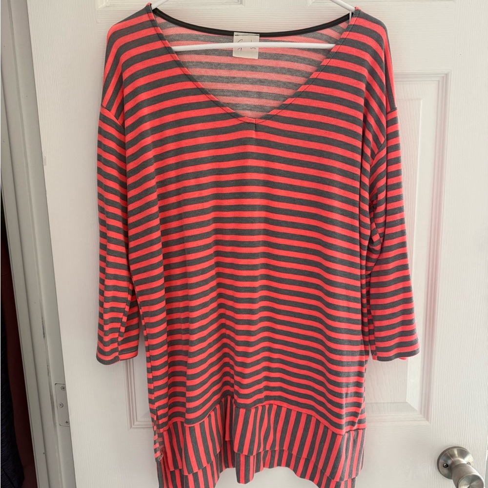 See in Love Striped Coral and Gray V-Neck Top